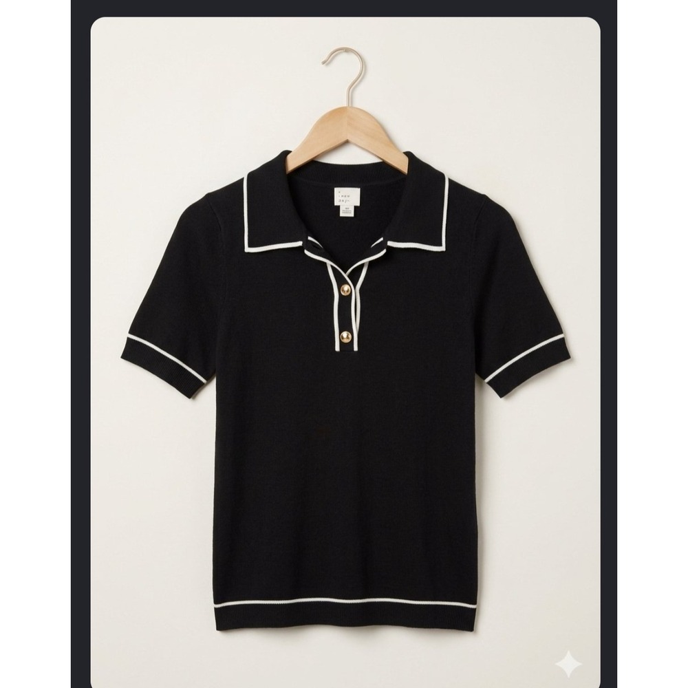 A New Day Black Knit Polo Short Sleeve Sweater Tipped Trim Gold Buttons XS